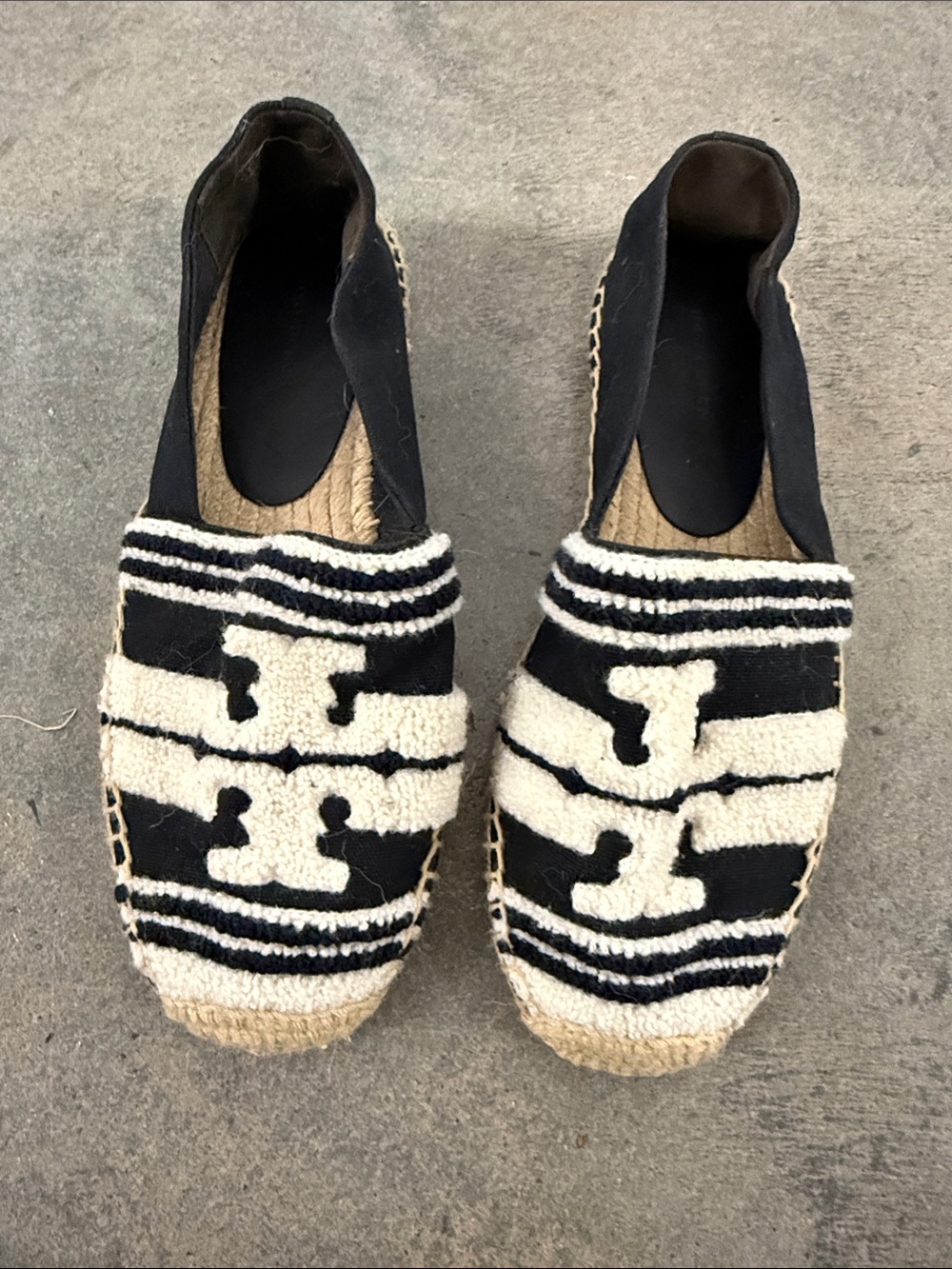Tory Burch Black and Cream Woven Logo Espadrilles